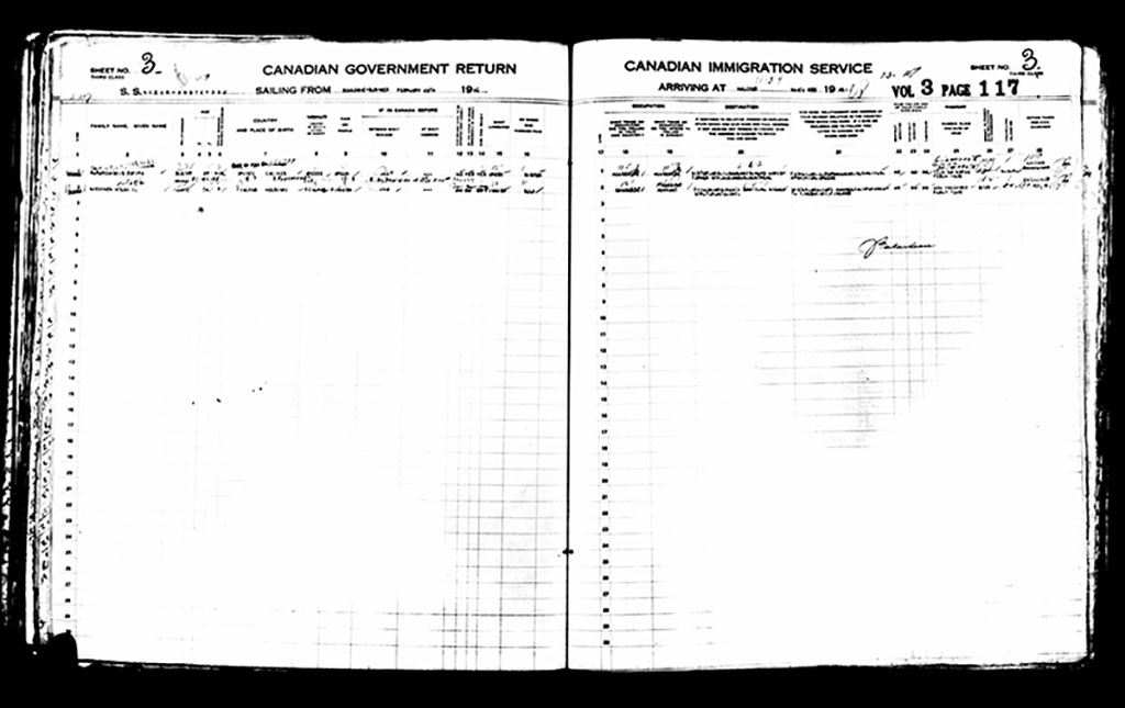 Old manifest listing the names of the first families to arrive at Pier 21 in 1928.