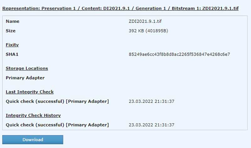 Digital data regarding an image download in Preservica software system.