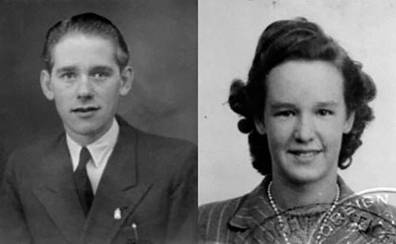 Black and white side by side photos of a young man in a suit and a young curly-haired woman wearing a dress and necklace.