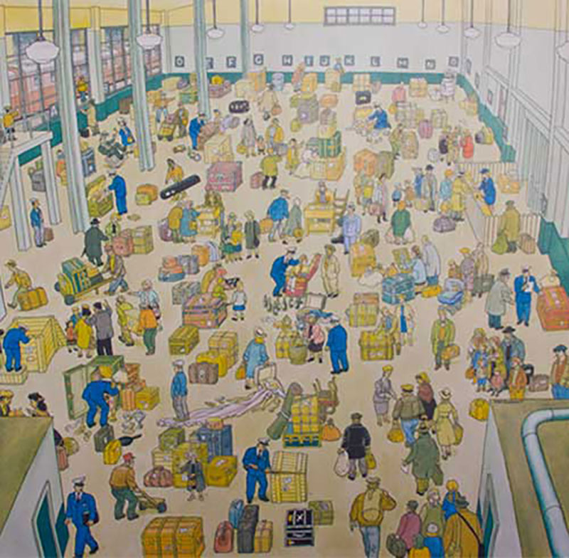 Animated sketch of busy customs hall.