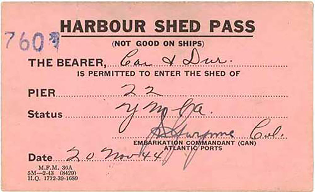 A pink paper card showing with Harbour Shed Pass written on it, the year is 1944.