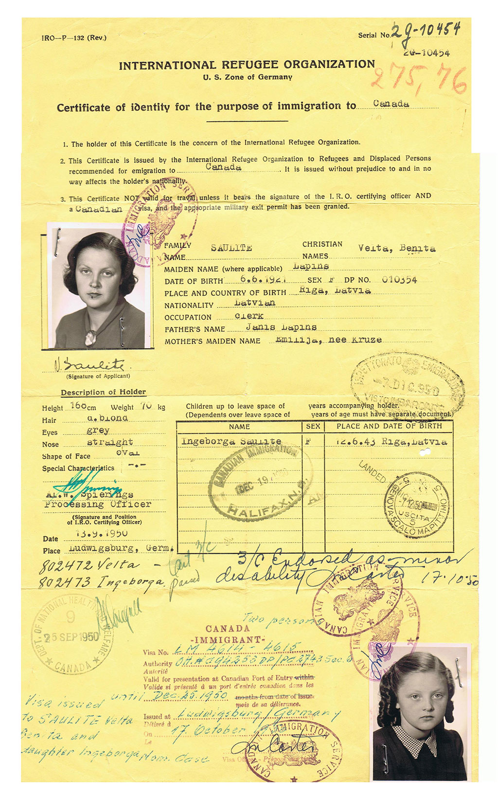 A yellow form covered in typed writing and stamps and two id photos of young women.