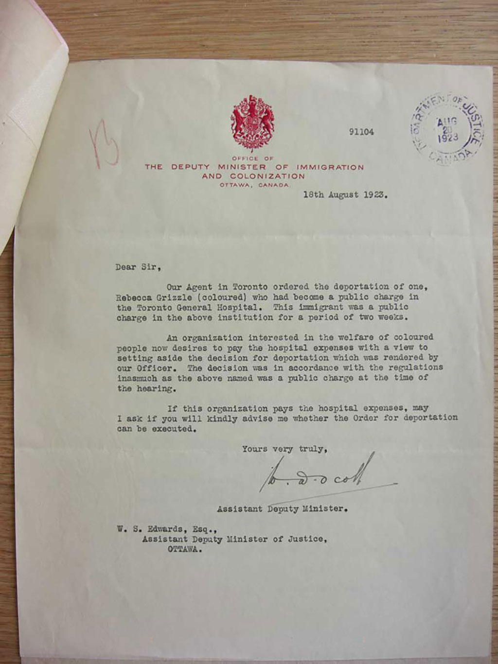Photo of a typed letter, dated 18 August 1923.