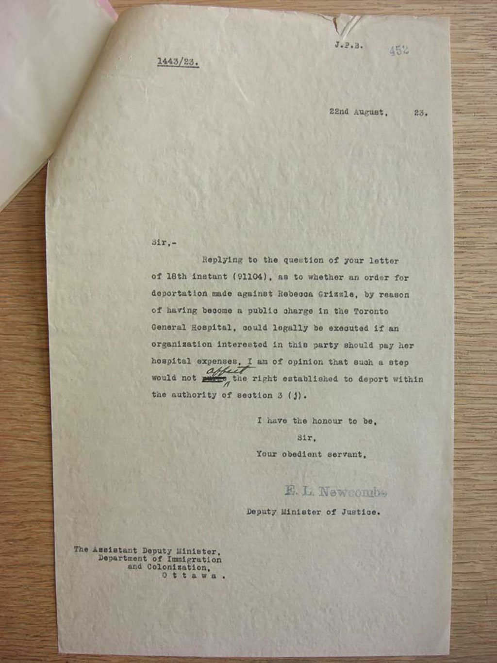 Photo of a typed letter dated 22 August 1923.