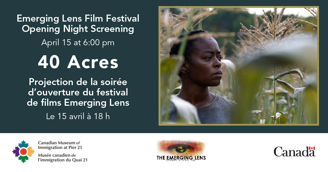 Event information beside a film still of a Black woman standing among stalks of corn in a field.