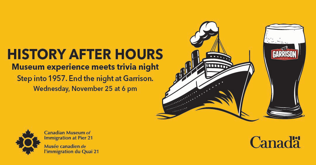 Event information on a yellow background beside an illustrated ship and pint glass.