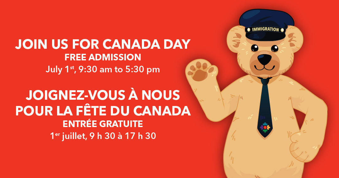 Event information on a red background beside an illustration of Fenton the Bear, the Museum’s teddy bear mascot.