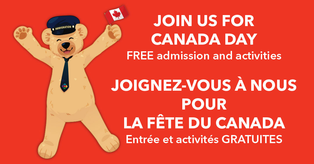Event information on a red background beside an illustration of Fenton the Bear, the Museum’s teddy bear mascot.