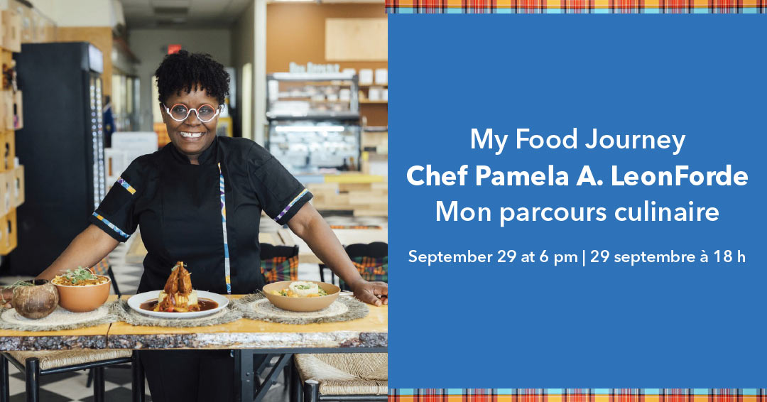 Event information beside a photograph of a smiling black female chef standing behind a table with three dishes in a kitchen.