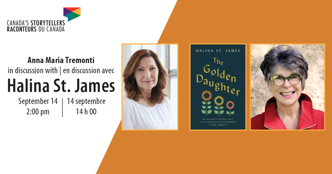 Event information on an orange background beside photographs the interviewer, the book cover, and the author.