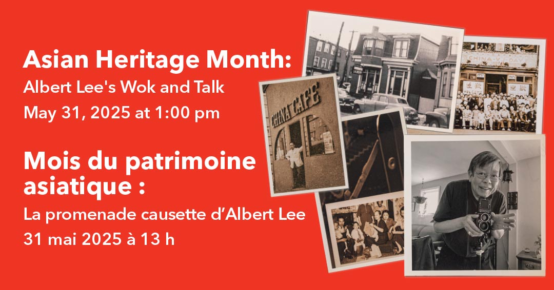 Event information beside black and white photos featuring Albert Lee and groups of Asian people.