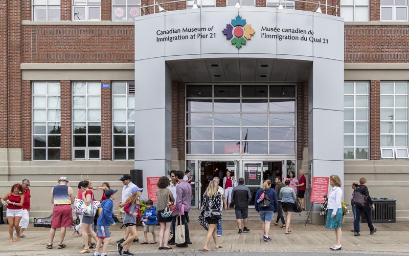 People walking in and out of the front doors of the Museum.
