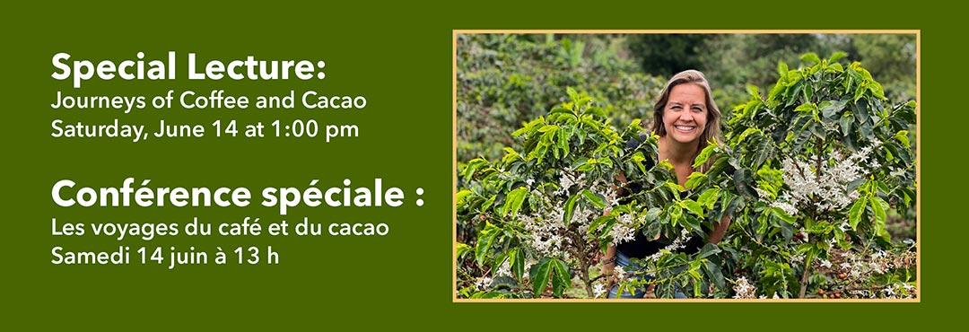 Event information on a green background beside a photograph of a white woman smiling and standing amongst several shrubs.