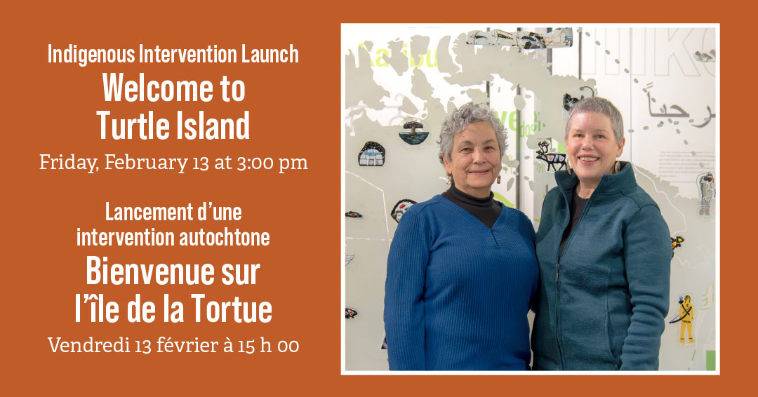 Event information beside a photograph of two smiling Indigenous women standing in front of their glass art installation.