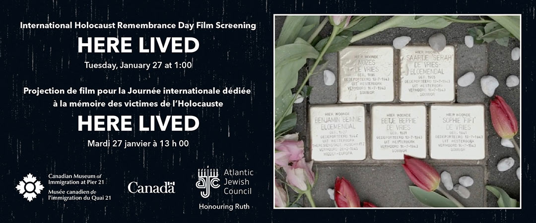 Event information on a black textured background beside a photograph of names engraved on blocks surrounded by tulips and roses.