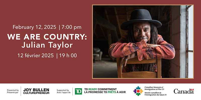 Event information beside a portrait of a smiling Black Indigenous man sitting on a backwards wooden chair.