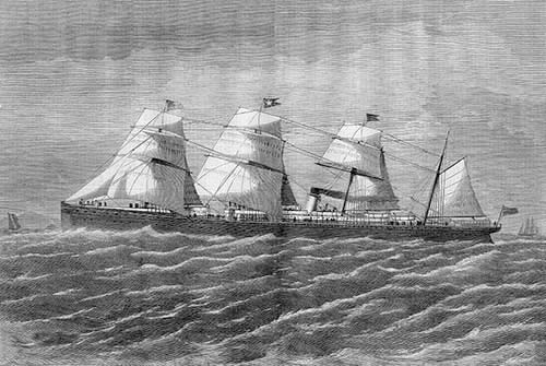 Artist rendering of a ship with billowing sails.