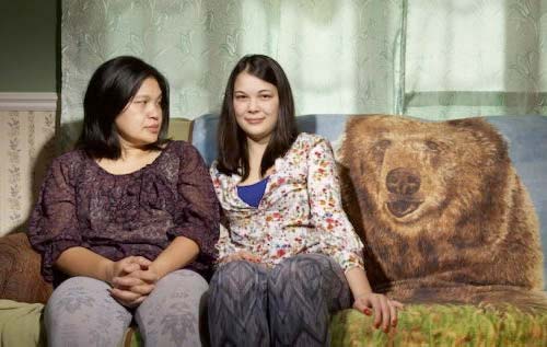 Two women sitting on a sofa. On the back of the sofa is a large blanket with a large bear face.