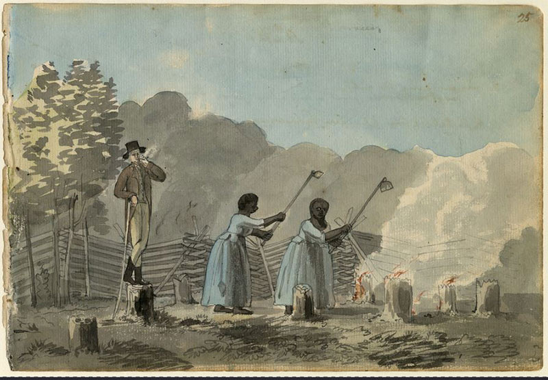 A painting of two Black women using gardening tools while a white man watches over them and smokes.