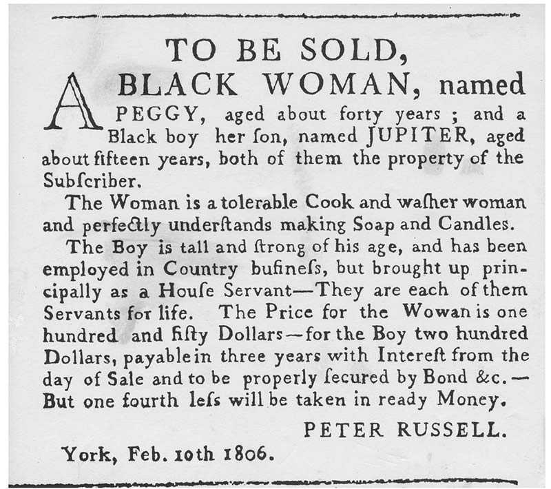 An old newspaper advertisement with black type describing a woman and boy to be sold.
