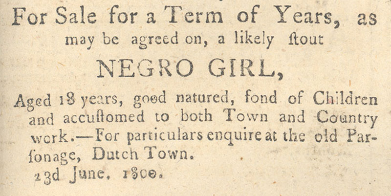 An old newspaper advertisement with black type on yellowed paper describing a girl to be sold.