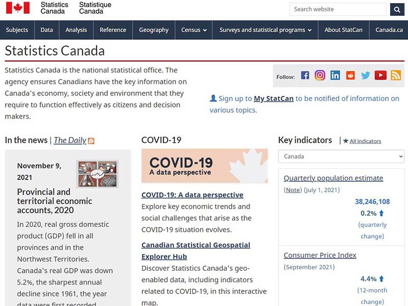 Statistics Canada Home Page.