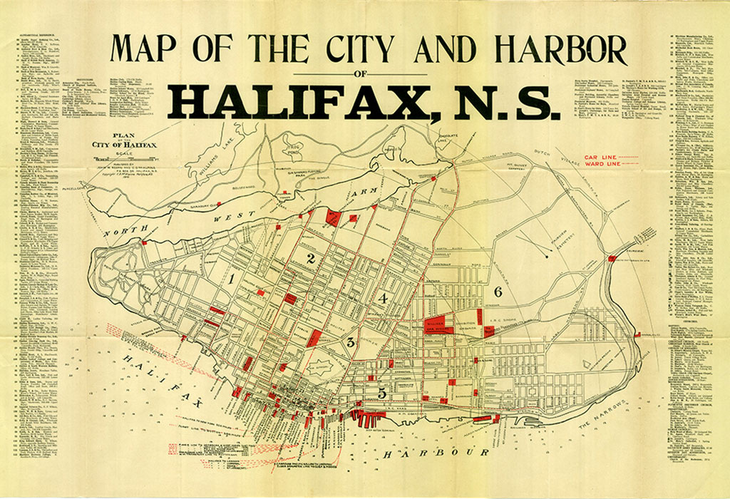 Old yellowed map of Halifax and surrounding water.