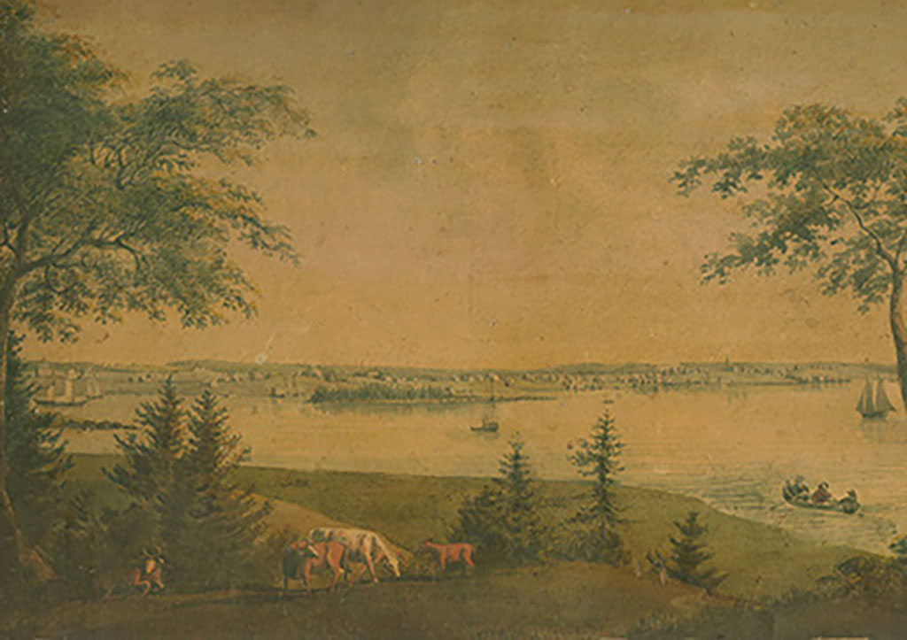 Old illustration showing a bay with animals grazing on the land.