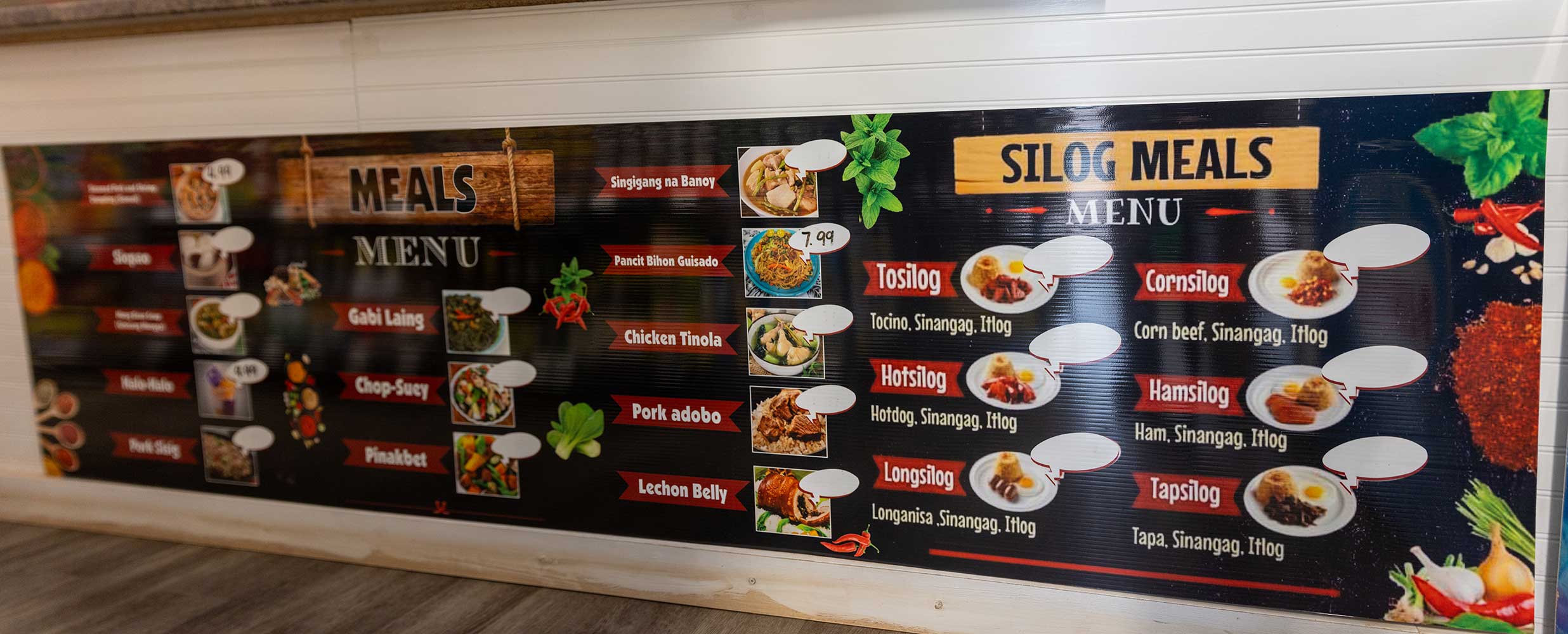 A menu split into two sections, titled Meals and Silog Meals, including descriptions and images of food.