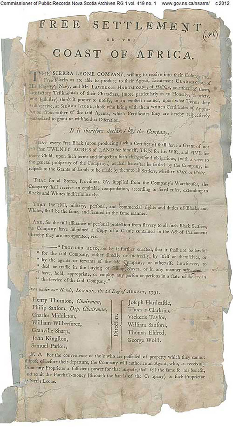 Old torn up document which is titled Free Settlement on the Coast of Africa.