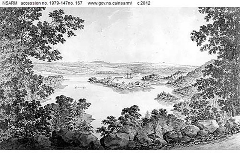 Beautiful sketched view of an island with trees in the foreground.