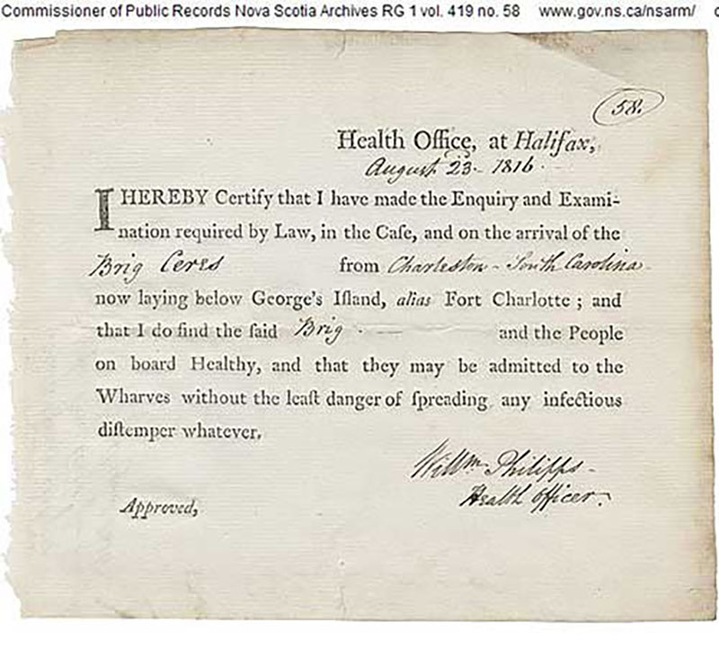 An old Health Office document, dated August 23, 1816.
