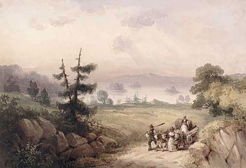 A beautiful sketch of a family with a horse and cart travelling along a dirt road, trees and rocks can be seen in the foreground.