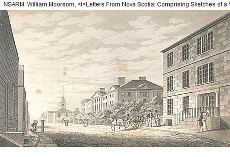 A sketch depicting Hollis street on the 19th century, with horse-driven carriages and men in the clothing of the time.