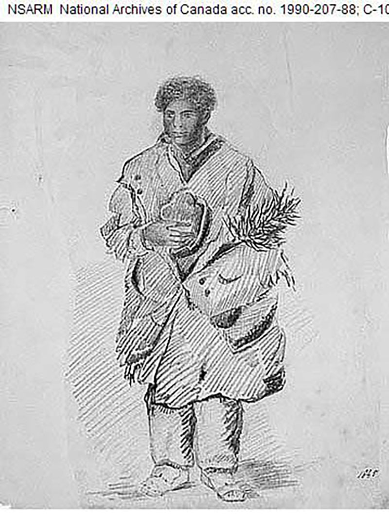 A sketch of an African American man carrying goods in his arms.