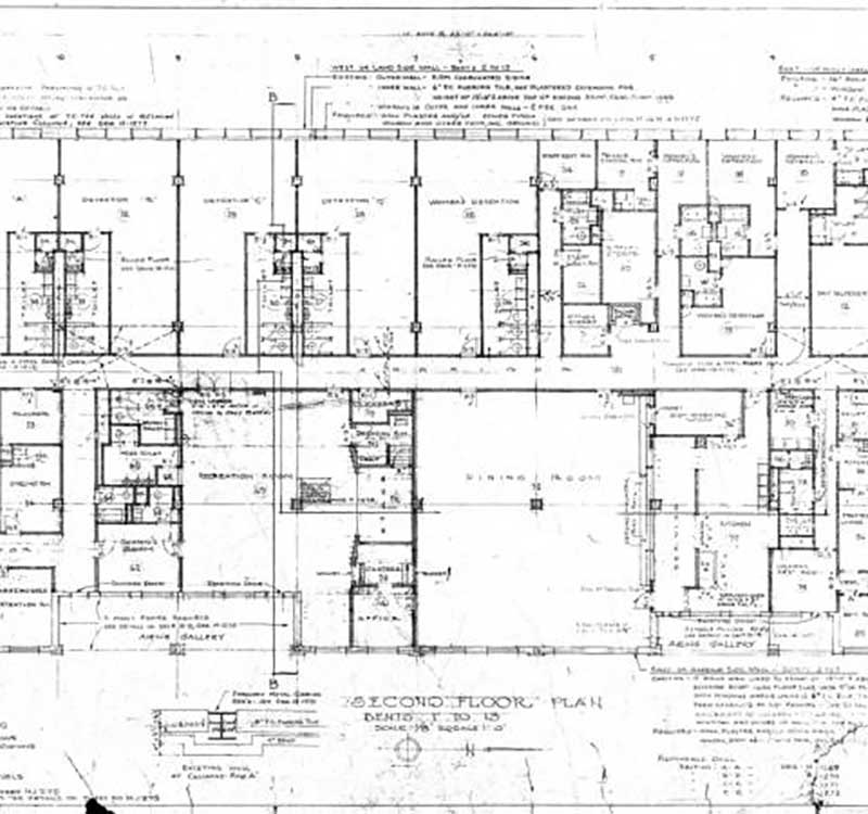 Architectural blueprint and floor plans of a building.