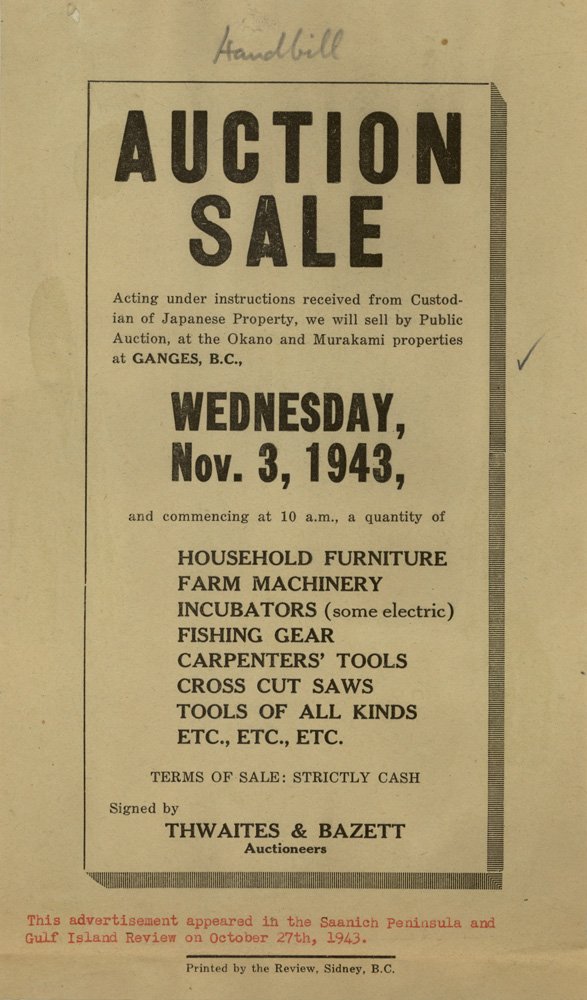 Reproduction of a handbill with the Heading Auction Sale, dated Wednesday, November 3, 1943. Items listed for auction include Household Furniture, Fishing Gear, Farm Machinery and Tools.