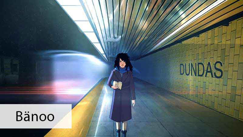 A drawing of a woman in a long purple coat holding a book, alone on the subway platform at Toronto’s Dundas Station. A subway is whipping past her.