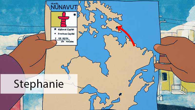 A drawing of brown-skinned hands holding a map of Nunavut with a red arrow pointing to Iqaluit.