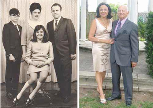 On the left: a teenage Mary Campanella with her family and on the right Mary and her father in 2011.