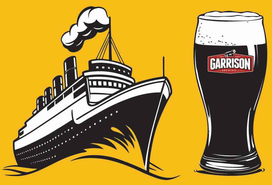 Illustration of a ship next to a tall glass of beer with the Garrison logo.