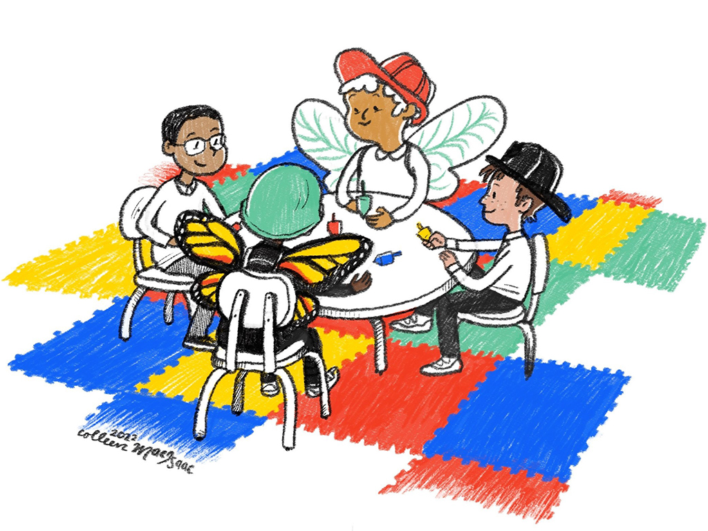 A drawing of four boys at a table, wearing toy helmets and wings.