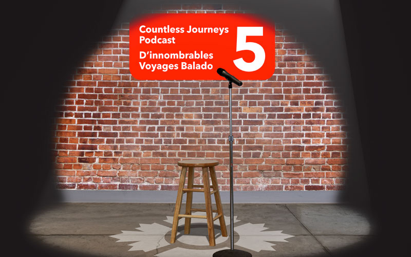 A spotlight shines down on a microphone and stool in front of a brick wall. A red sign on the wall reads Countless Journeys Podcast 5.