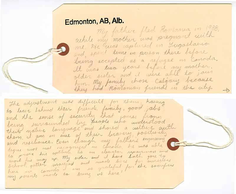Brown paper with beautiful cursive handwriting of a young person, telling a heart-warming immigration story of moving to Canada from Romania in 1988. 