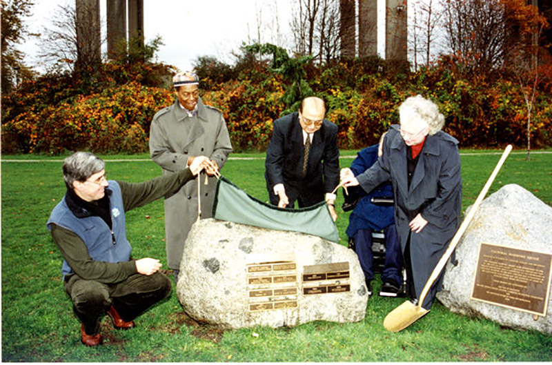 Four people lift a covering off a plaque, a shovel leans against the rock the plaque has been placed on.