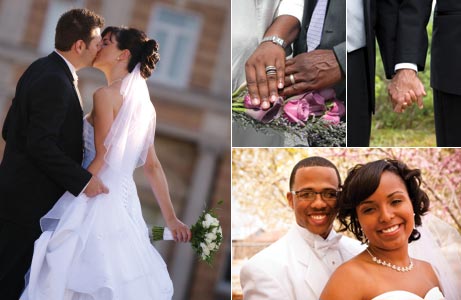 A collage of a wedding ceremony: a bridal couple kisses; wedding rings are shown; a bridal couple hold hands and lastly, a newly married couple smile for the camera.