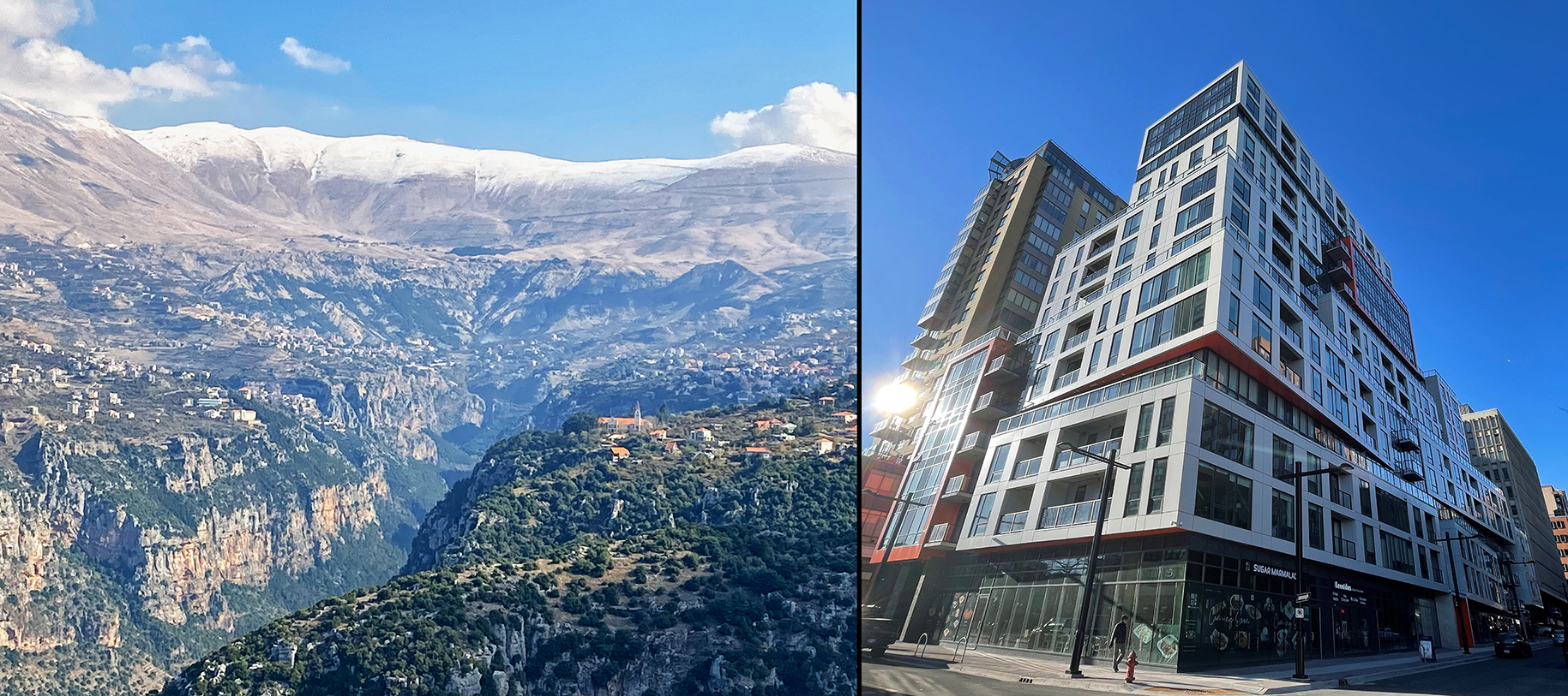 Two photos, one of buildings scattered on either side of a mountain valley with snowy peaks in the background, the other of a tall apartment building reaching for the sky.