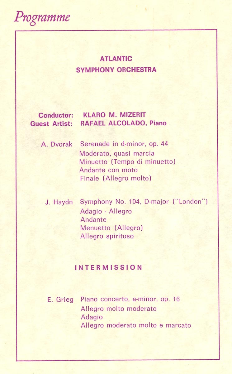 Detail from the programme of Rafael’s debut with the Atlantic Symphony orchestra, listing pieces by Dvorak, Haydn, and Grieg.