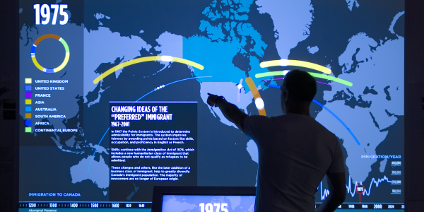A person, in silhouette, points at a large projected world map with lines that connect different regions to Canada.