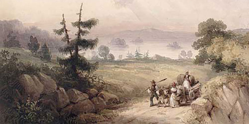 A beautiful sketch of a family with a horse and cart travelling along a dirt road, trees and rocks can be seen in the foreground.
